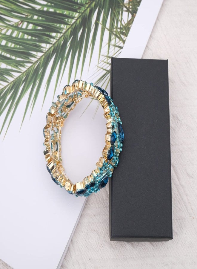 CSY Elegant Stretch Bangles Art Deco Statement Cuff Bangle Elastic Wide Bracelet Wedding Party Prom Jewelry for Women (Aquamarine-Gold tone) - Image 5